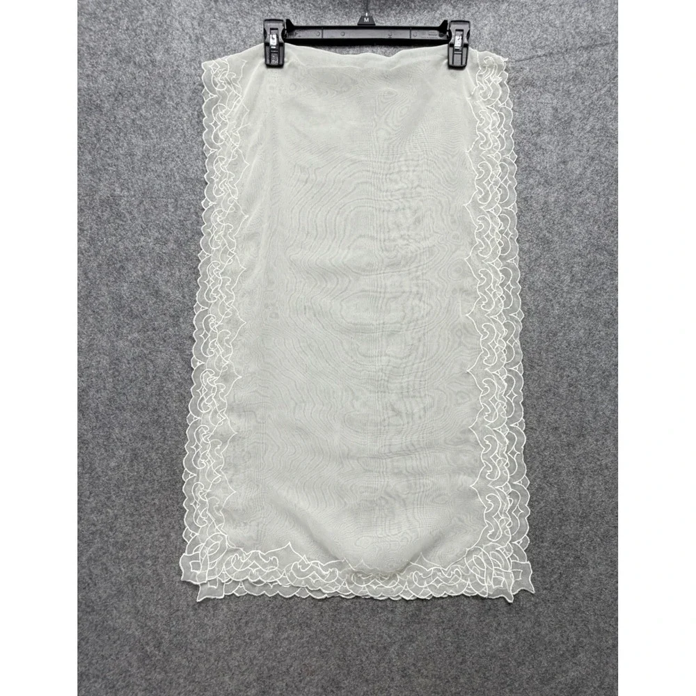 Vintage Sheer Off White Table Runner Embroidered Scalloped Edge Scrollwork 30x15